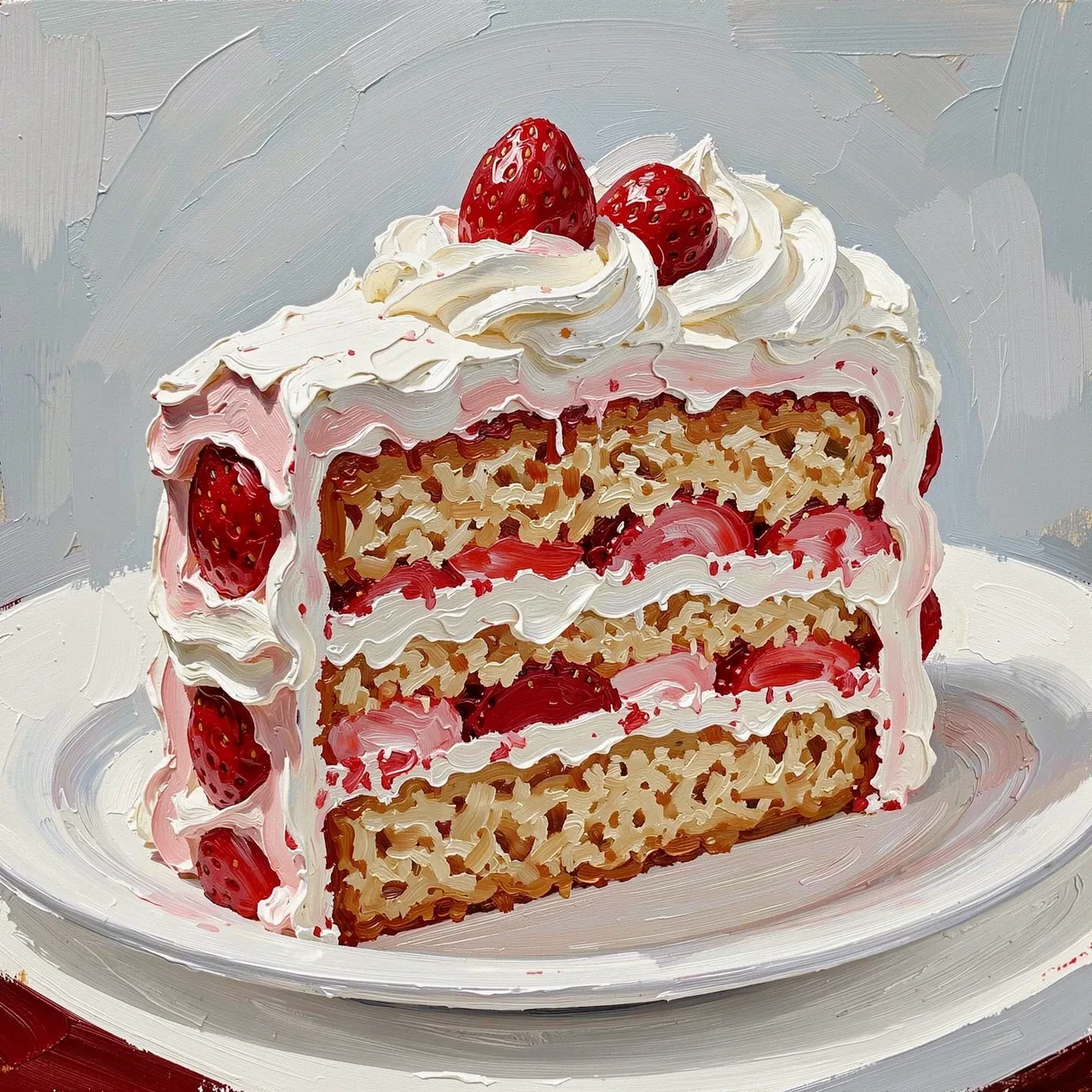 Thick impasto palette knife painting of a layered strawberry cake slice on a white plate