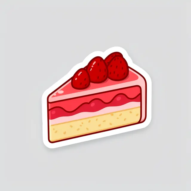 Cute die-cut sticker illustration of a layered strawberry cake slice on a light gray background