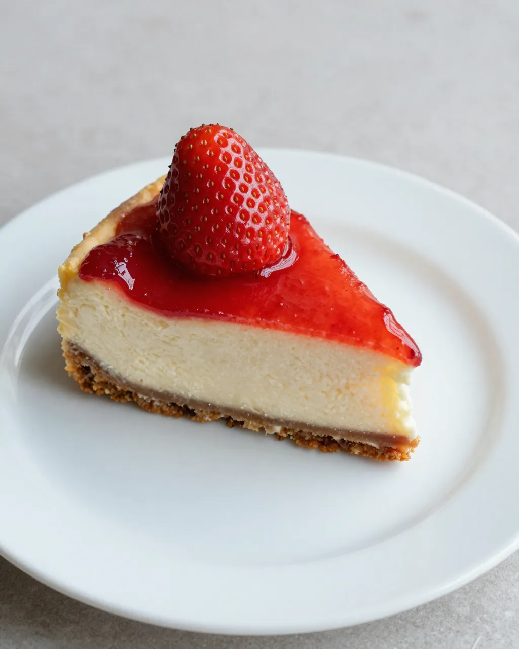A slice of strawberry cheesecake topped with a whole berry rests on a white plate