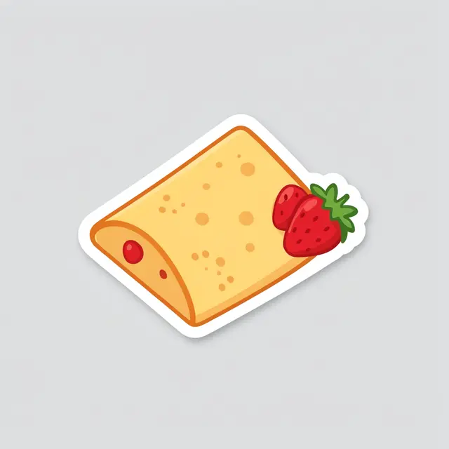 Flat cute die-cut sticker illustration of a folded crepe with strawberries on a light gray background