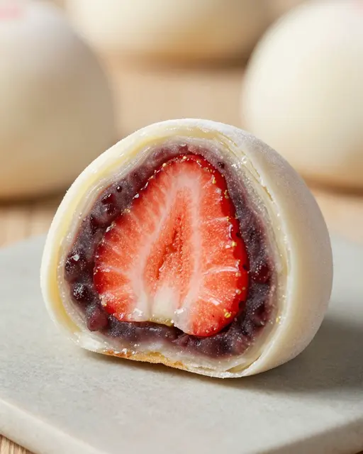 A halved strawberry daifuku mochi showing red bean paste and fresh strawberry filling on a light ceramic plate