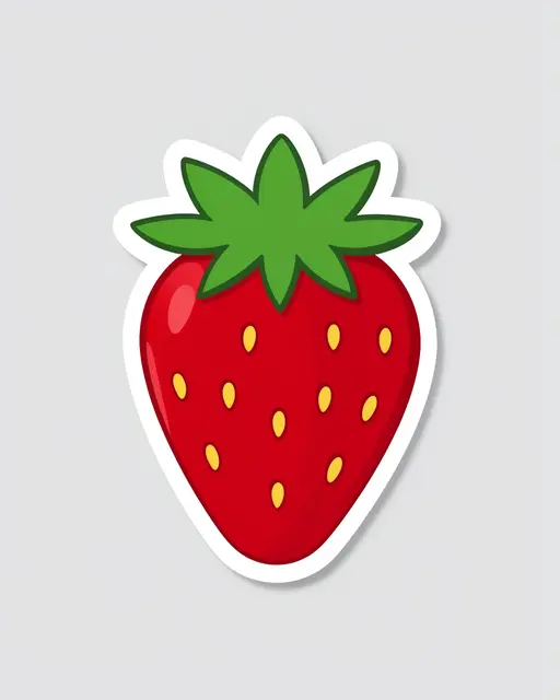 Cute flat die-cut sticker of a ripe strawberry with a white border on a light gray background