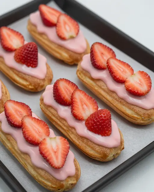 Close-up of eclairs topped with pink glaze and fresh strawberry slices arranged on a baking tray