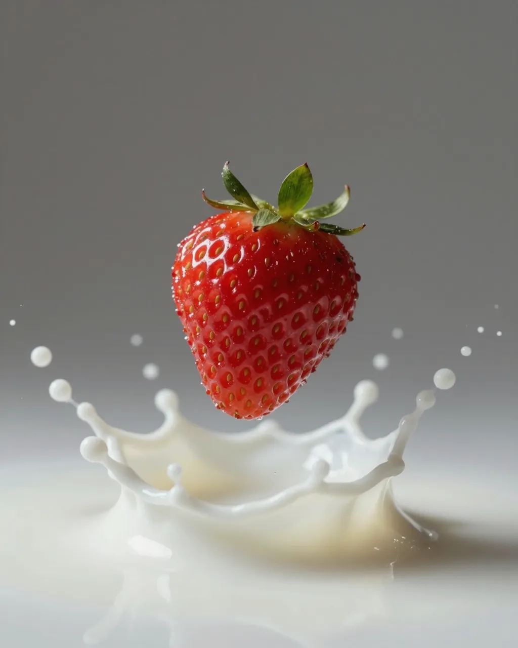 A fresh whole strawberry hovers above a delicate crown-shaped milk splash against a soft gray background