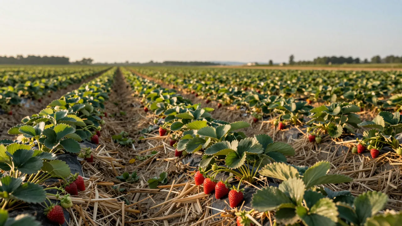 Rows of strawberry plants with ripe red berries growing in straw mulch under warm low evening sunlight