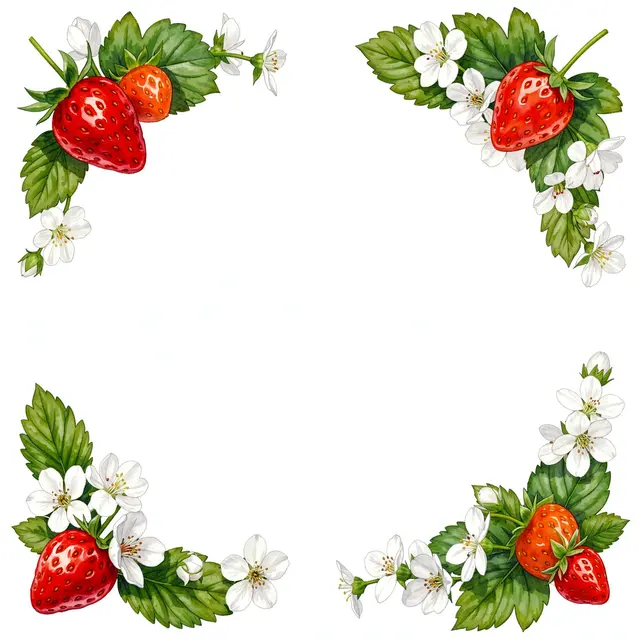 Hand-painted strawberry and blossom corner borders arranged around a blank white square background