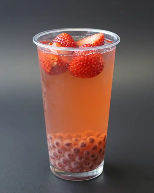 Clear plastic cup of pink fruit tea topped with fresh strawberries and filled with popping pearls