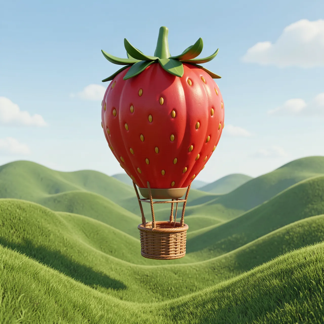 A 3D rendered strawberry shaped hot air balloon floats above rolling green hills under a pale blue sky