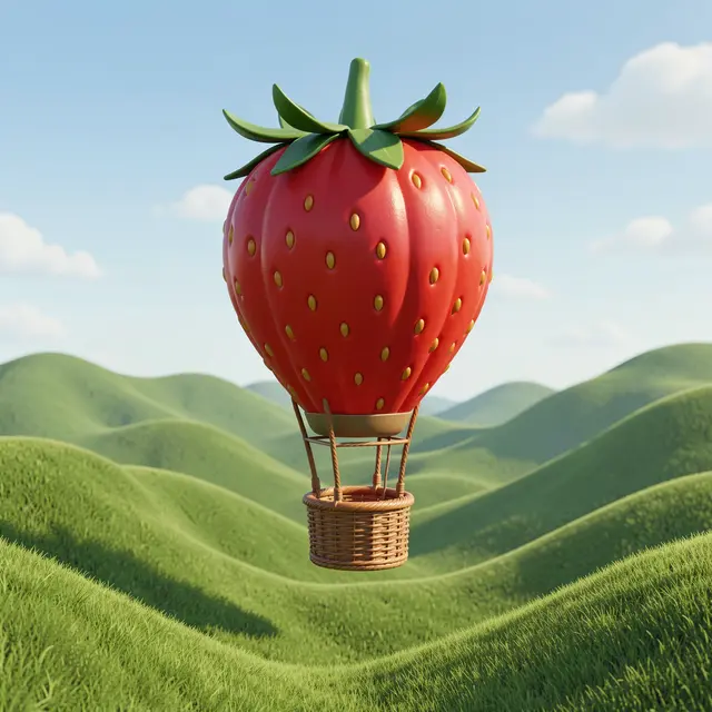 A 3D rendered strawberry shaped hot air balloon floats above rolling green hills under a pale blue sky