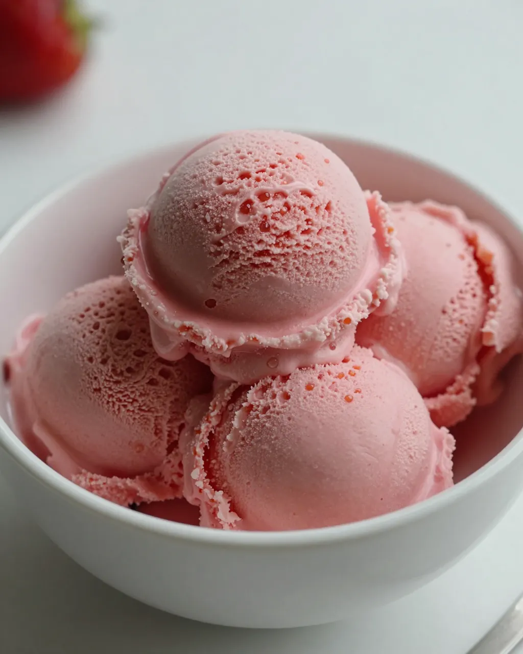 Four scoops of pink strawberry ice cream sit in a white bowl with a blurred strawberry in the background