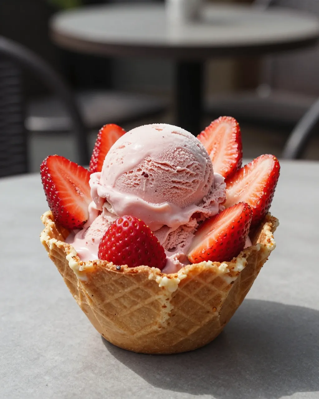 Strawberry ice cream in a crisp waffle bowl topped with fresh sliced strawberries on a sunny patio table