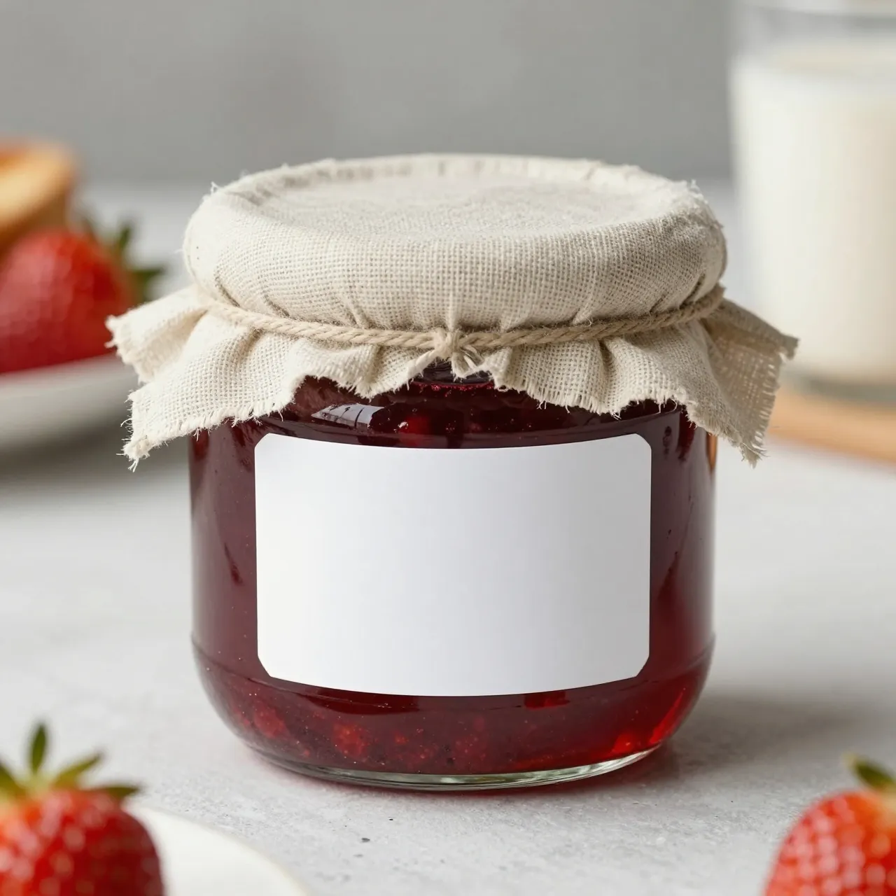 Glass jar of strawberry jam with blank label and linen lid on a light breakfast table