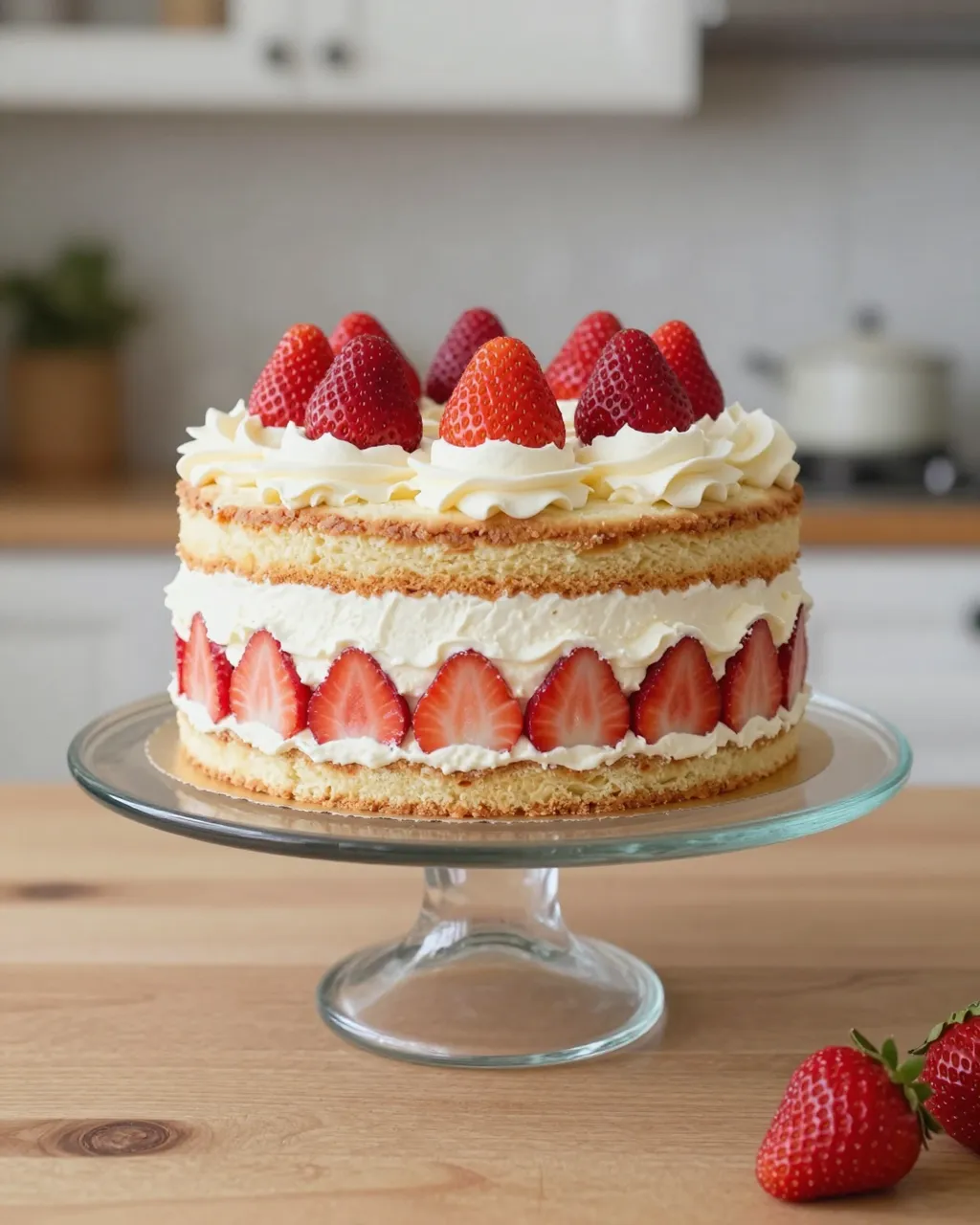 A fresh strawberry layer cake with whipped cream sits on a glass cake stand in a bright farmhouse kitchen