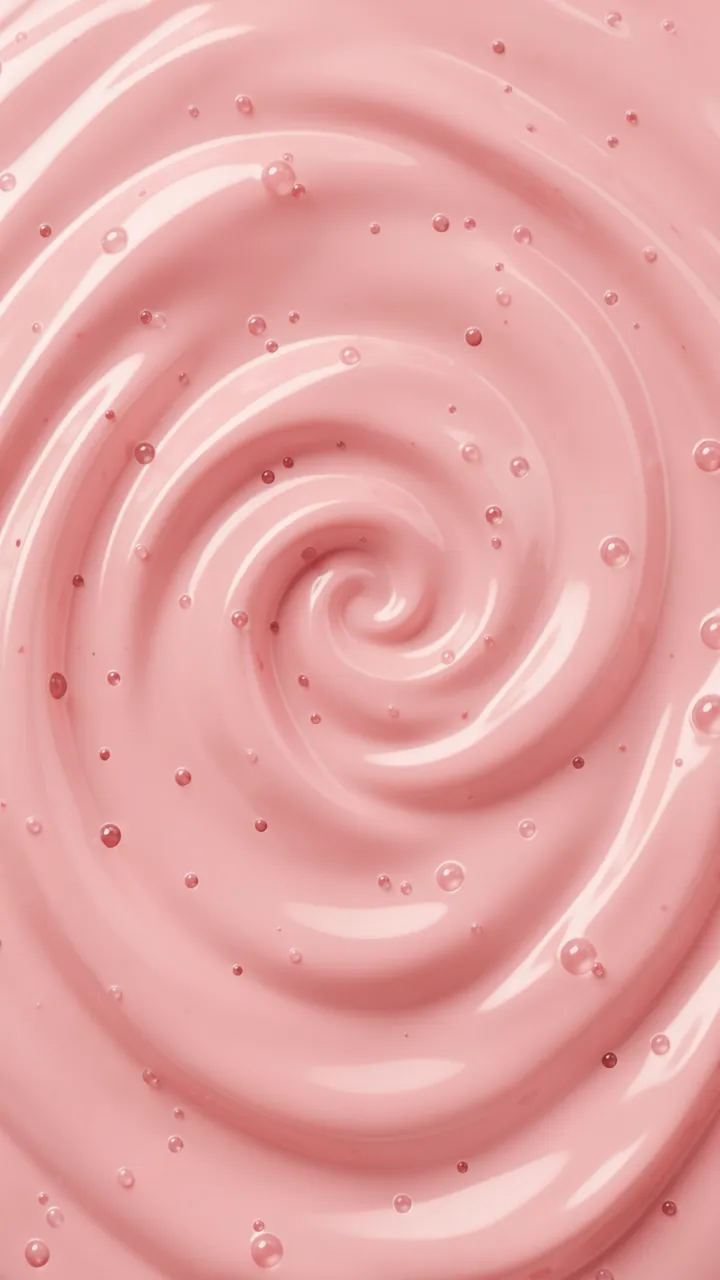 Glossy soft pink strawberry milk swirl dotted with tiny floating bubbles