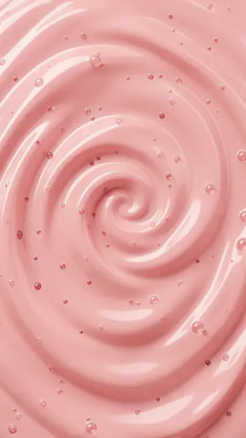 Glossy soft pink strawberry milk swirl dotted with tiny floating bubbles