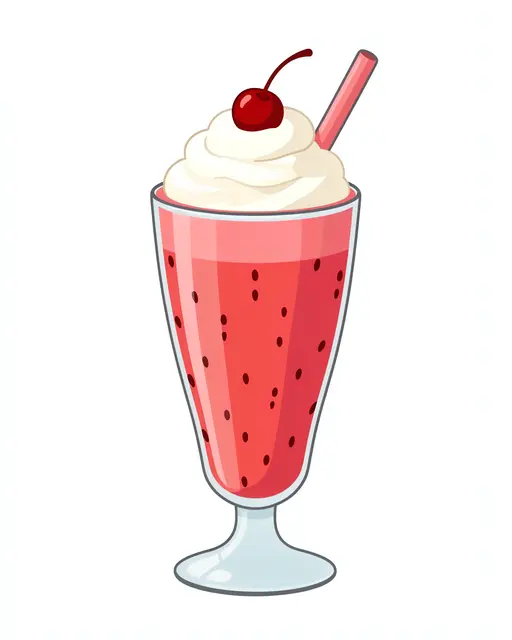 A tall glass of strawberry milkshake topped with whipped cream, a cherry, and a pink straw against a white background