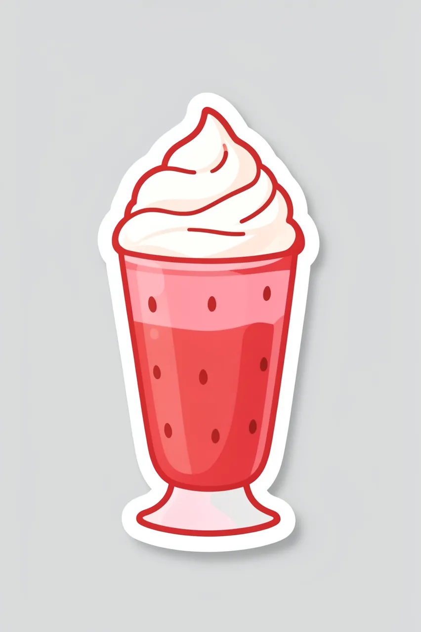 Die-cut sticker of a strawberry milkshake with whipped cream on a plain light gray background
