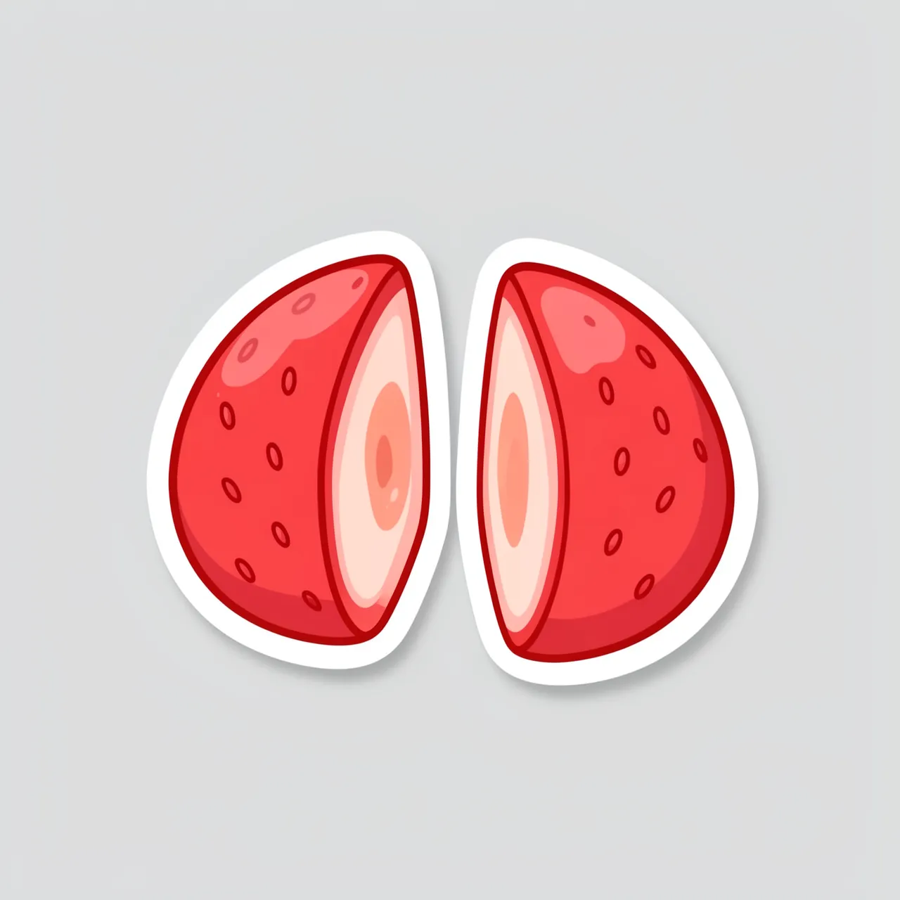 A flat cute die-cut sticker of halved strawberry mochi with a white border on a light gray background