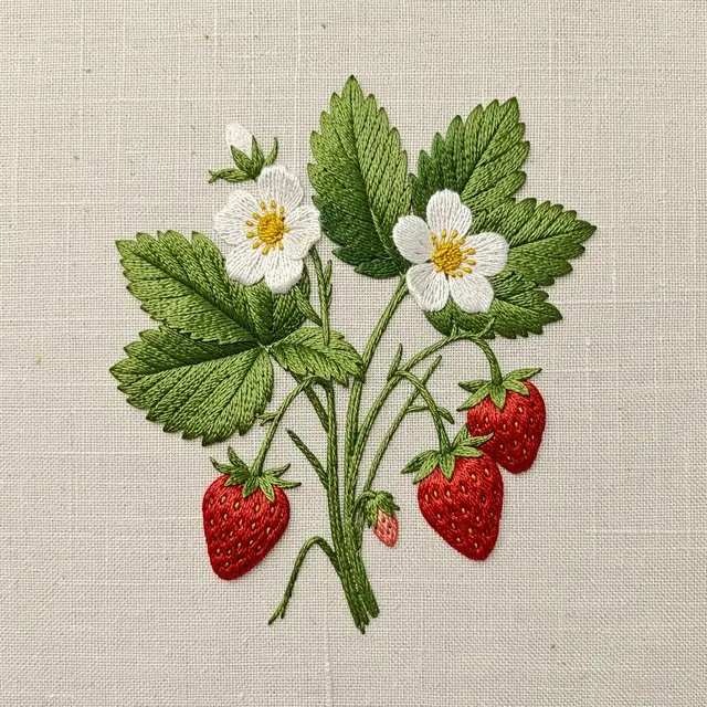 Fine thread embroidery of a flowering strawberry plant stitched onto natural linen fabric
