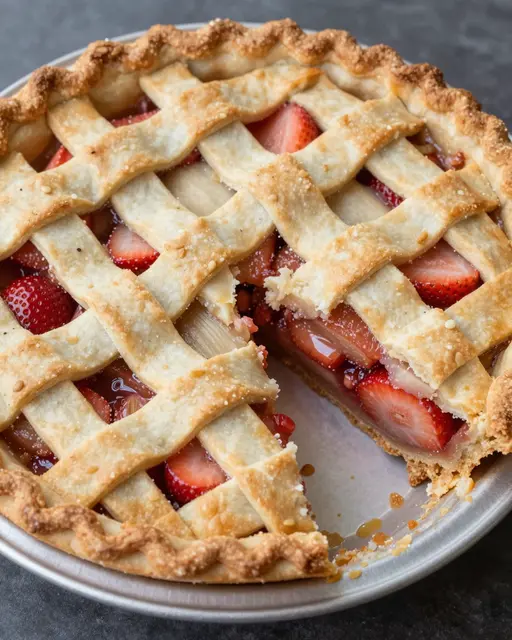Close-up of a lattice-top strawberry rhubarb pie with one slice removed in a metal pie tin