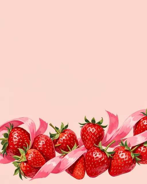 Ripe red strawberries and pink satin ribbons sit along the bottom edge of a soft blush pink background with empty upper copy