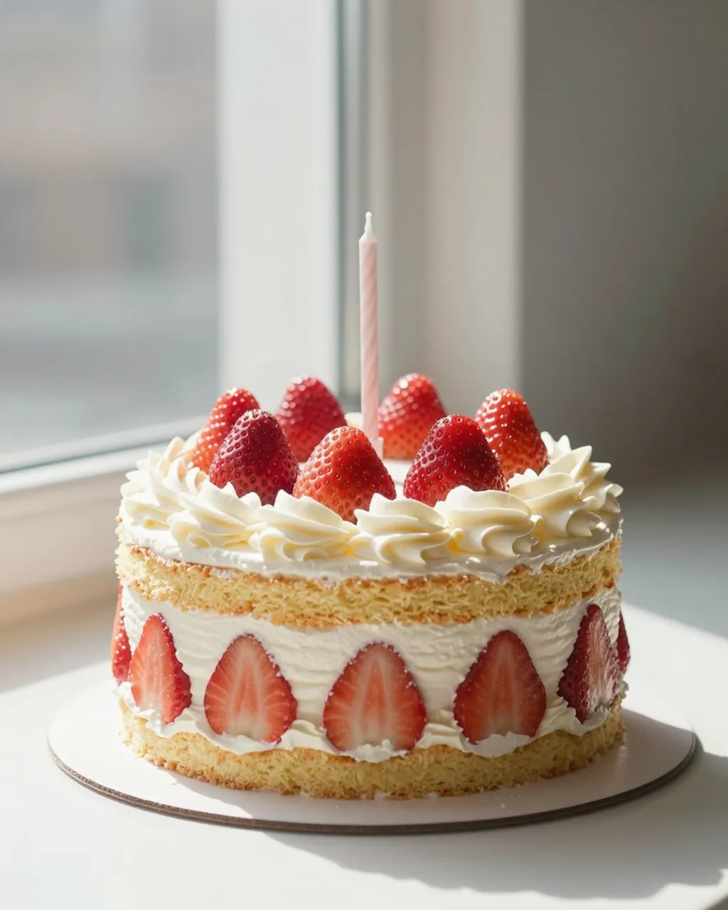 Strawberry shortcake with whipped cream and a single candle sits on a windowsill in bright sunlight