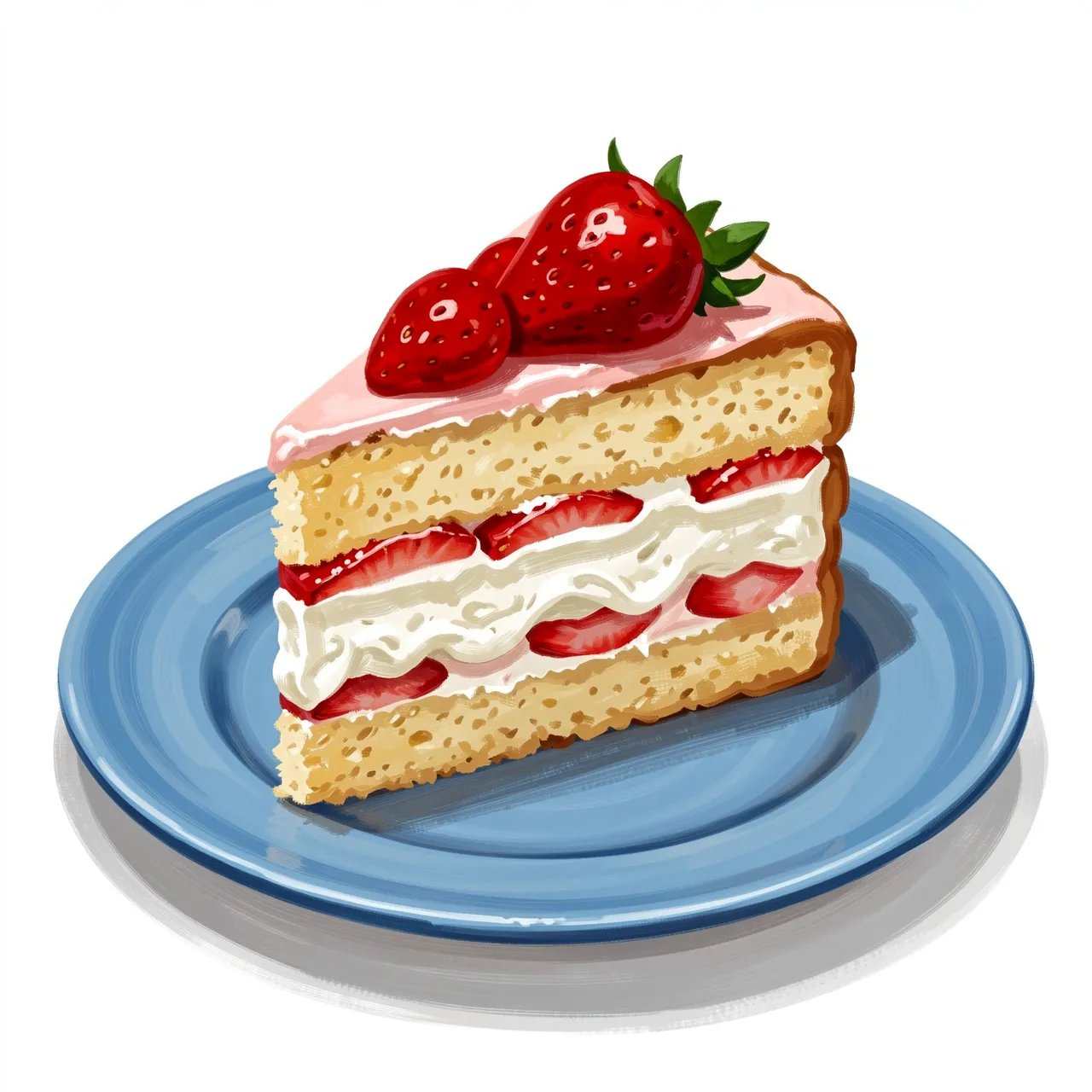 Gouache illustration of a layered strawberry shortcake slice sitting on a round blue plate