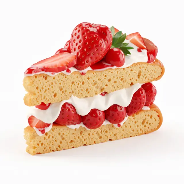 3D render of a layered strawberry shortcake slice topped with fresh strawberries and cream on a plain white background