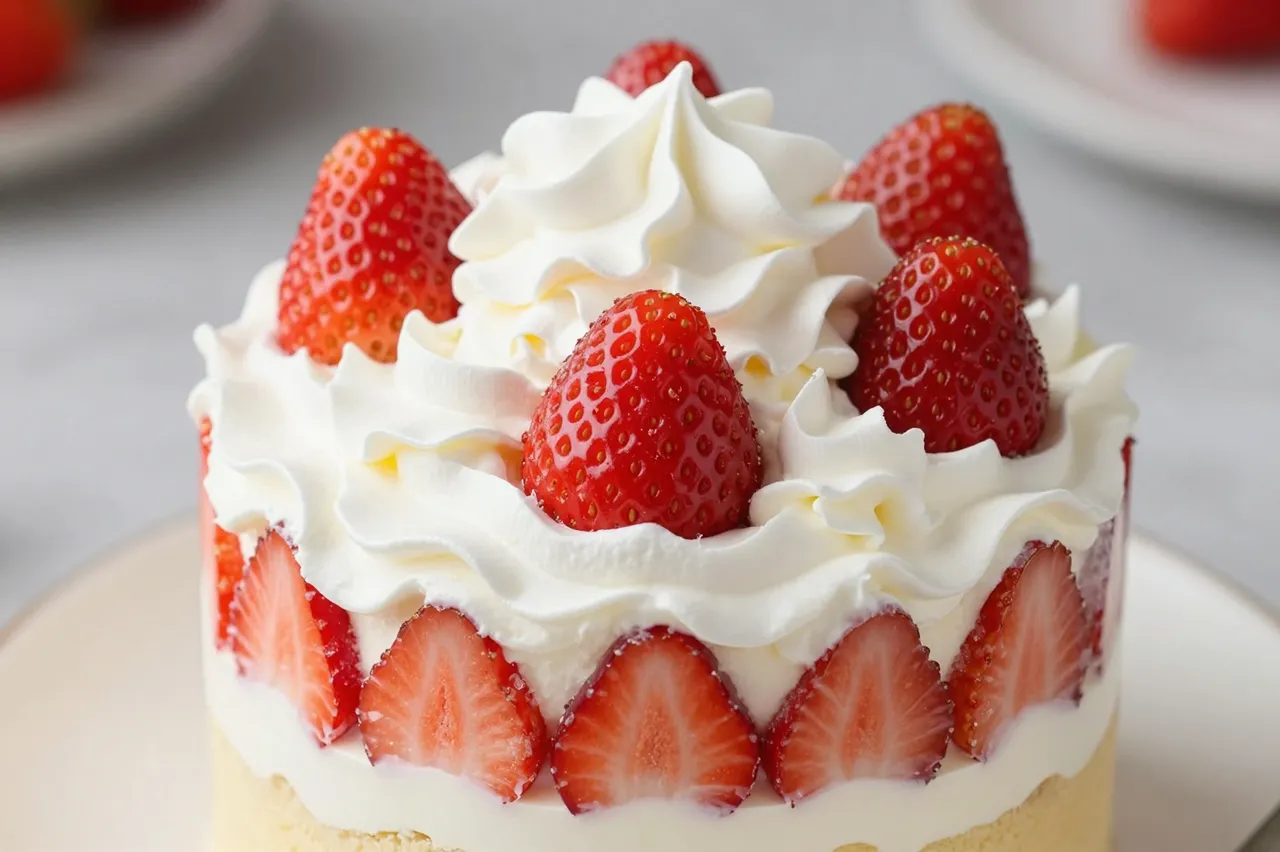 Close-up of a decorated strawberry shortcake topped with fresh whole strawberries and fluffy whipped cream rosettes.
