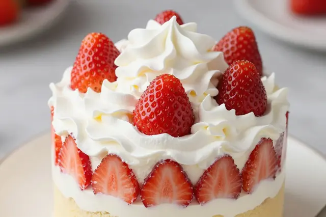 Close-up of a decorated strawberry shortcake topped with fresh whole strawberries and fluffy whipped cream rosettes.