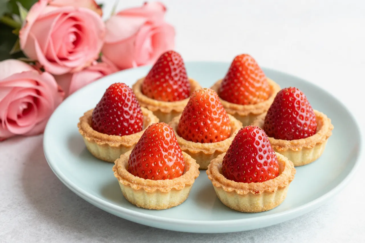 Mini strawberry tarts on a pale blue plate sit beside soft pink roses for Mother's Day