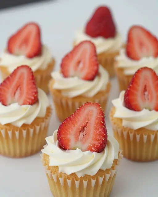 Group of vanilla cupcakes with swirled cream frosting topped with fresh strawberry halves arranged on a pale surface