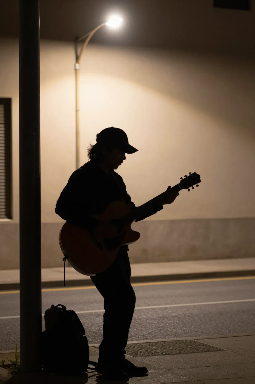 Silhouetted street musician playing acoustic guitar under a glowing streetlight on an empty night sidewalk