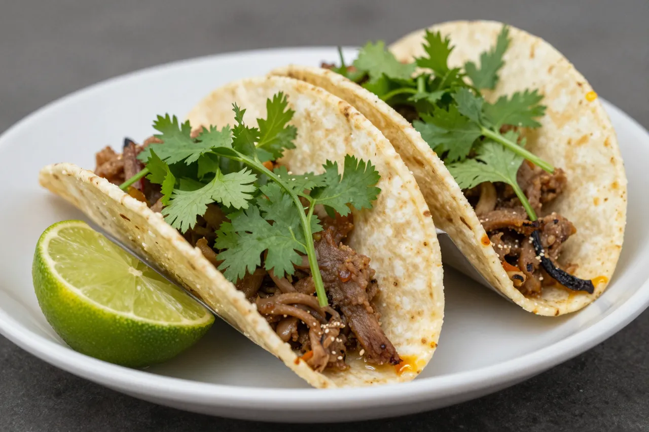 Three hard shell street tacos topped with fresh cilantro sit on a white plate beside a lime wedge