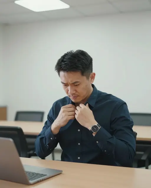 Stressed Southeast Asian man loosens his collar while sitting at a meeting room desk with a laptop