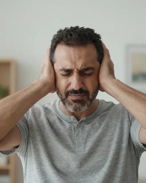 A middle aged man presses his palms over his ears with eyes shut looking distressed in a home interior