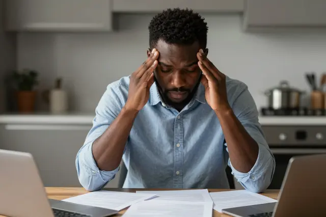A stressed Black man in his thirties rubs his temples while seated at a kitchen table covered in paperwork and laptops in