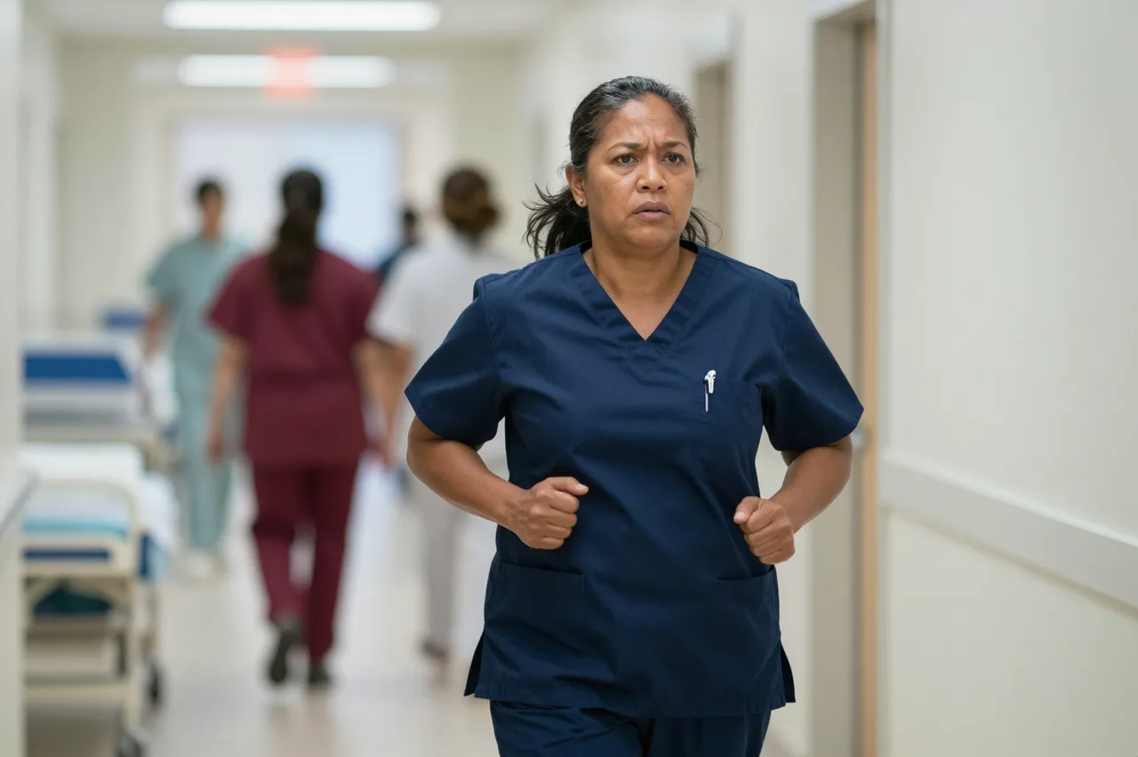 A stressed Pacific Islander nurse in navy scrubs walks quickly down a busy hospital ward corridor.