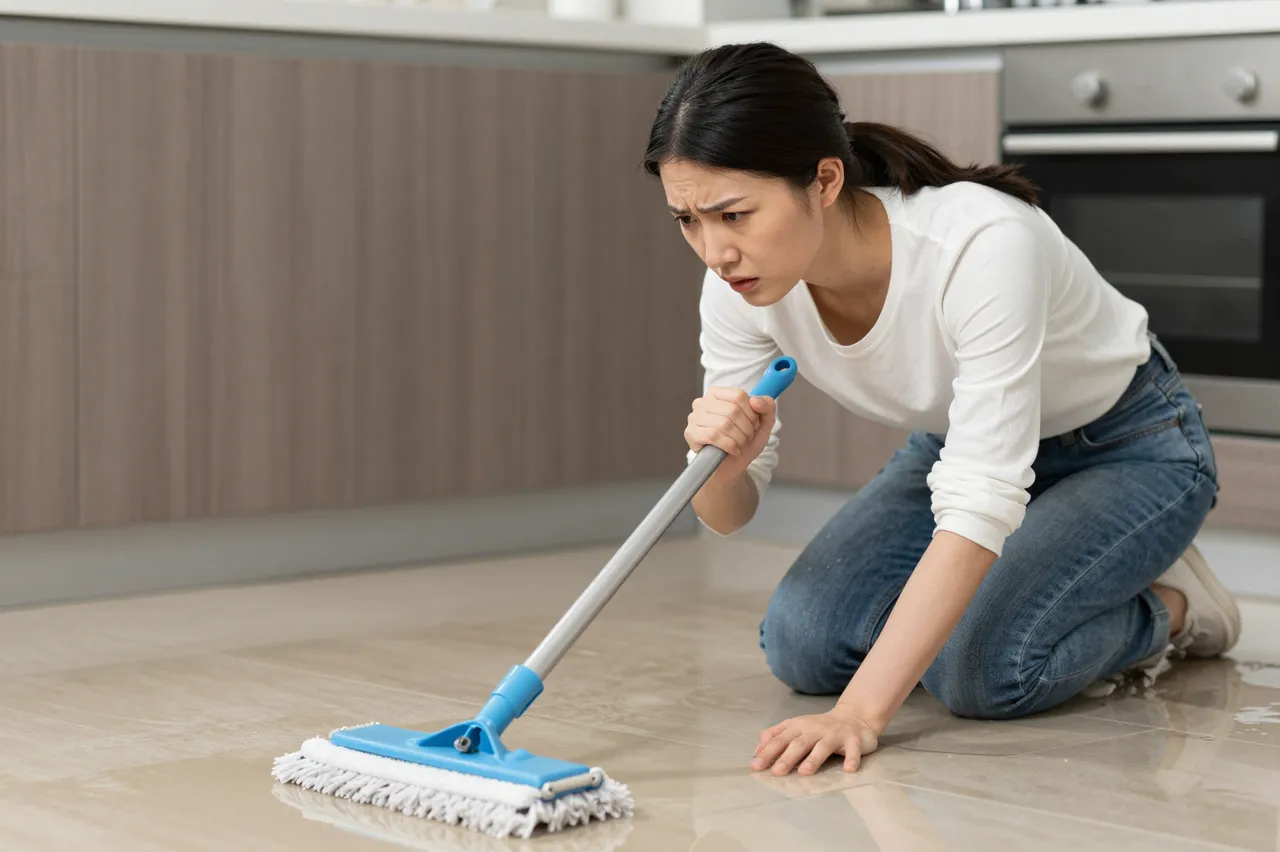 A stressed East Asian woman kneels on a wet kitchen tile floor holding a mop and inspecting standing water.