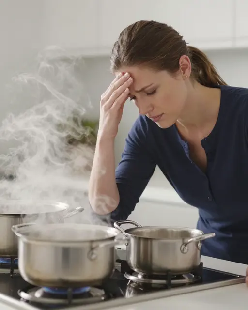 A stressed woman presses her hand to her forehead beside three steaming boiling pots on a kitchen stove