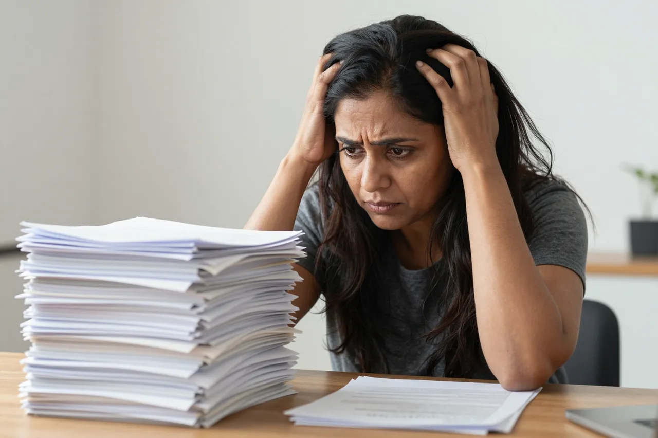 Stressed South Asian woman holds her head while staring at a tall stack of paperwork on a wooden table