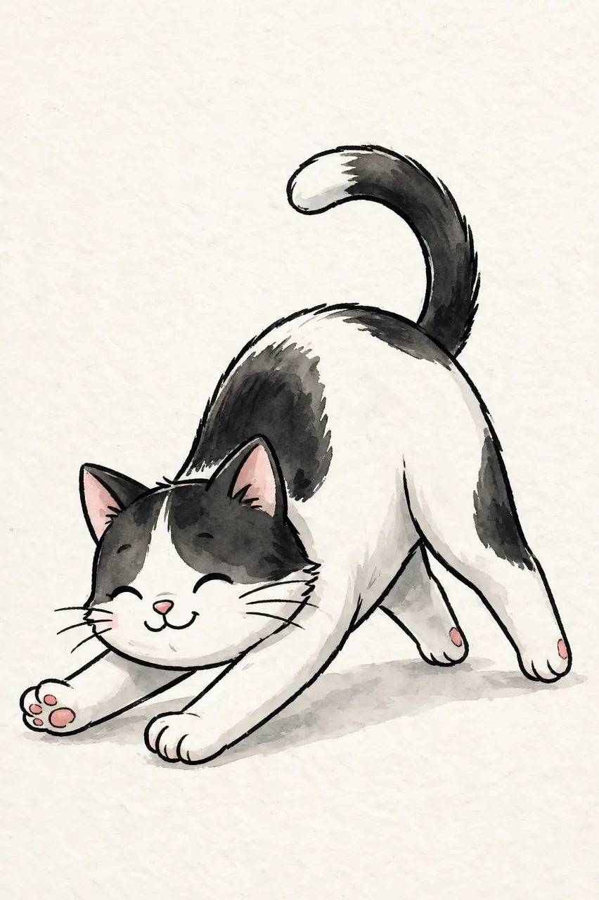 Cute cartoon black and white cat arches its back while stretching on textured light paper