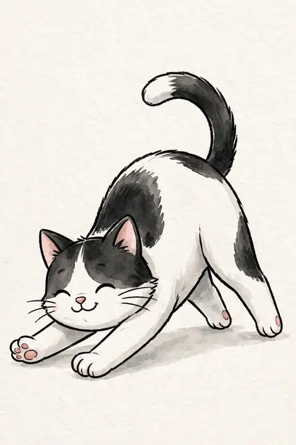 Cute cartoon black and white cat arches its back while stretching on textured light paper