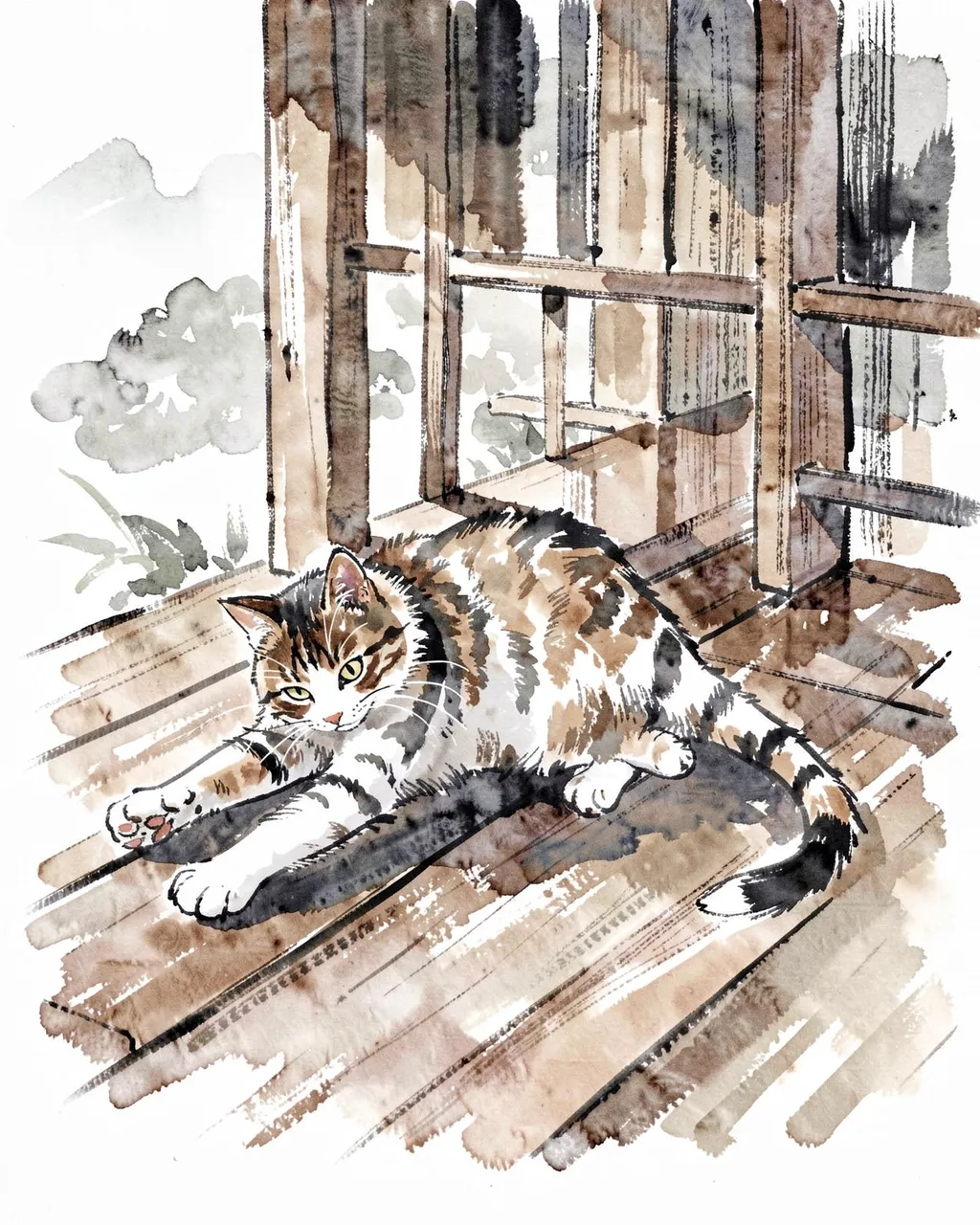 Ink wash painting of a calico tabby cat stretching on a rustic wooden veranda