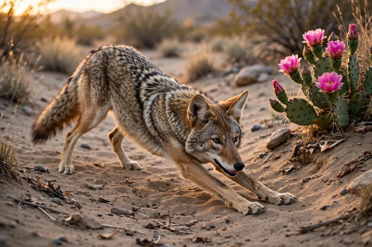 A coyote stretches with front legs extended on a sandy desert creek bed next to a blooming prickly pear cactus in warm