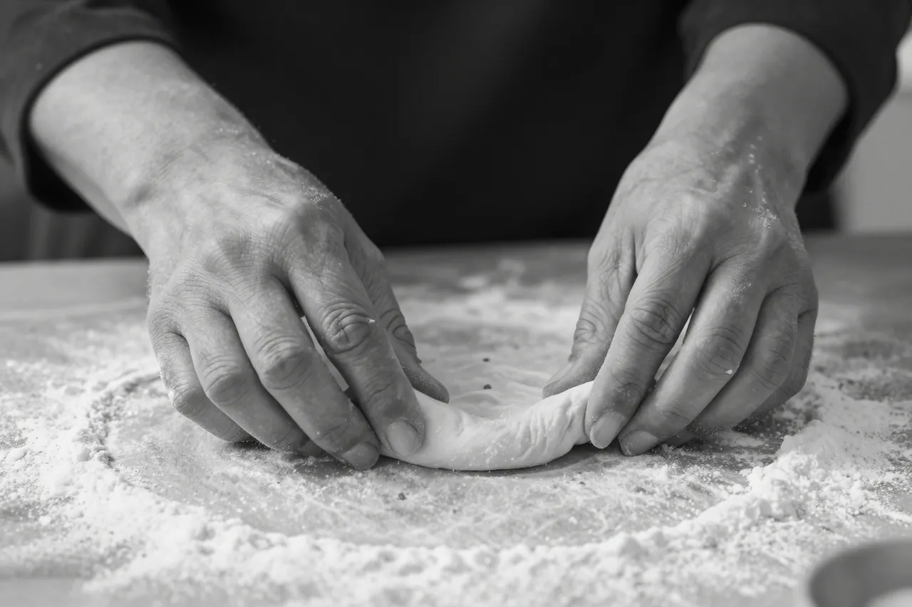 Black and white close up of a person's hands stretching thin dough over a floured work surface