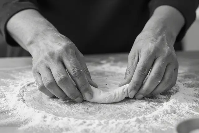 Black and white close up of a person's hands stretching thin dough over a floured work surface