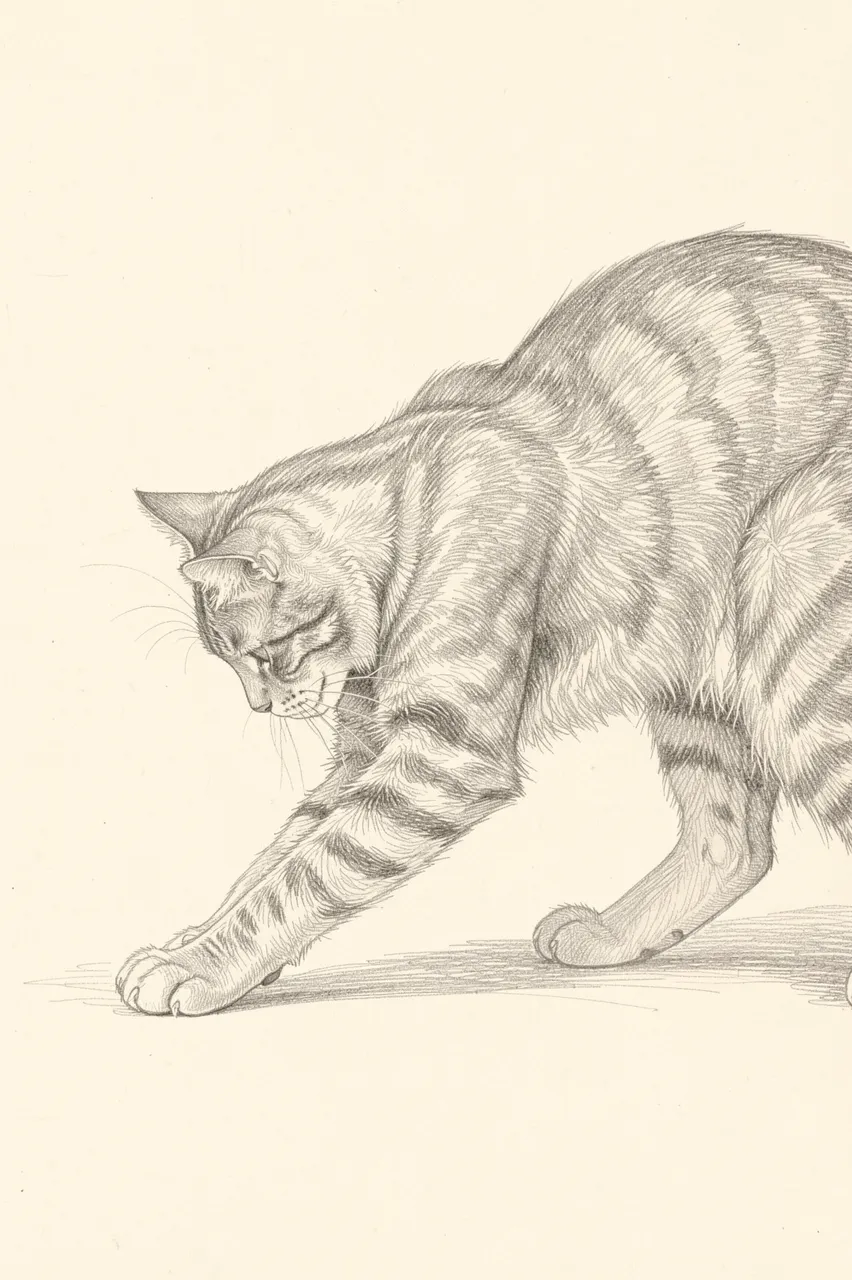 Detailed graphite side view drawing of a stretching tabby cat on cream paper