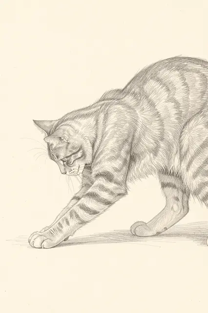 Detailed graphite side view drawing of a stretching tabby cat on cream paper