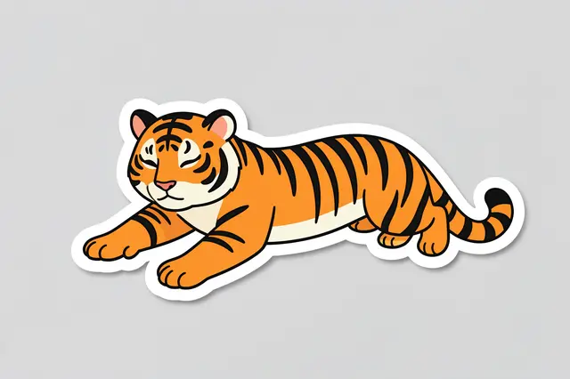 Cute flat illustration sticker of a tiger stretching with closed eyes against a light gray background